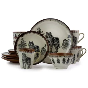 Elama Majestic Wolf 16 Piece Luxurious Stoneware Dinnerware with Complete Settin