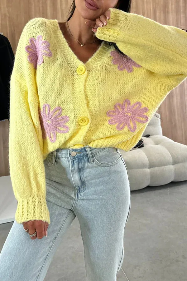 Embroidered Floral V-neck Long-sleeved Button-knit Cardigan