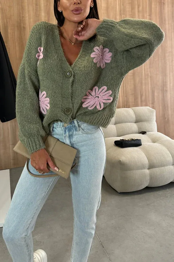 Embroidered Floral V-neck Long-sleeved Button-knit Cardigan