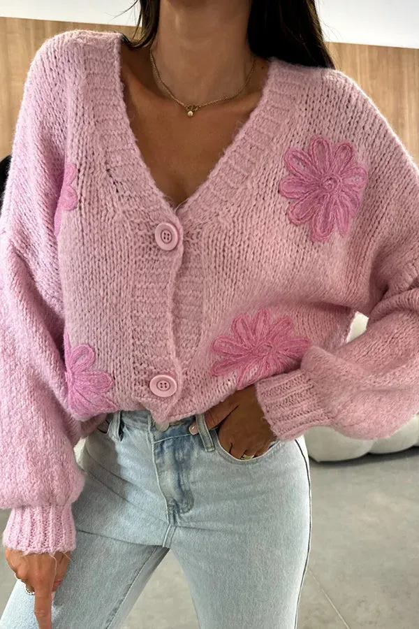 Embroidered Floral V-neck Long-sleeved Button-knit Cardigan