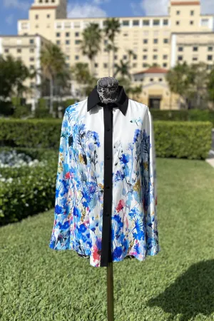 Emmelle Luxurious Crepe Floral Blouse with Black Trim