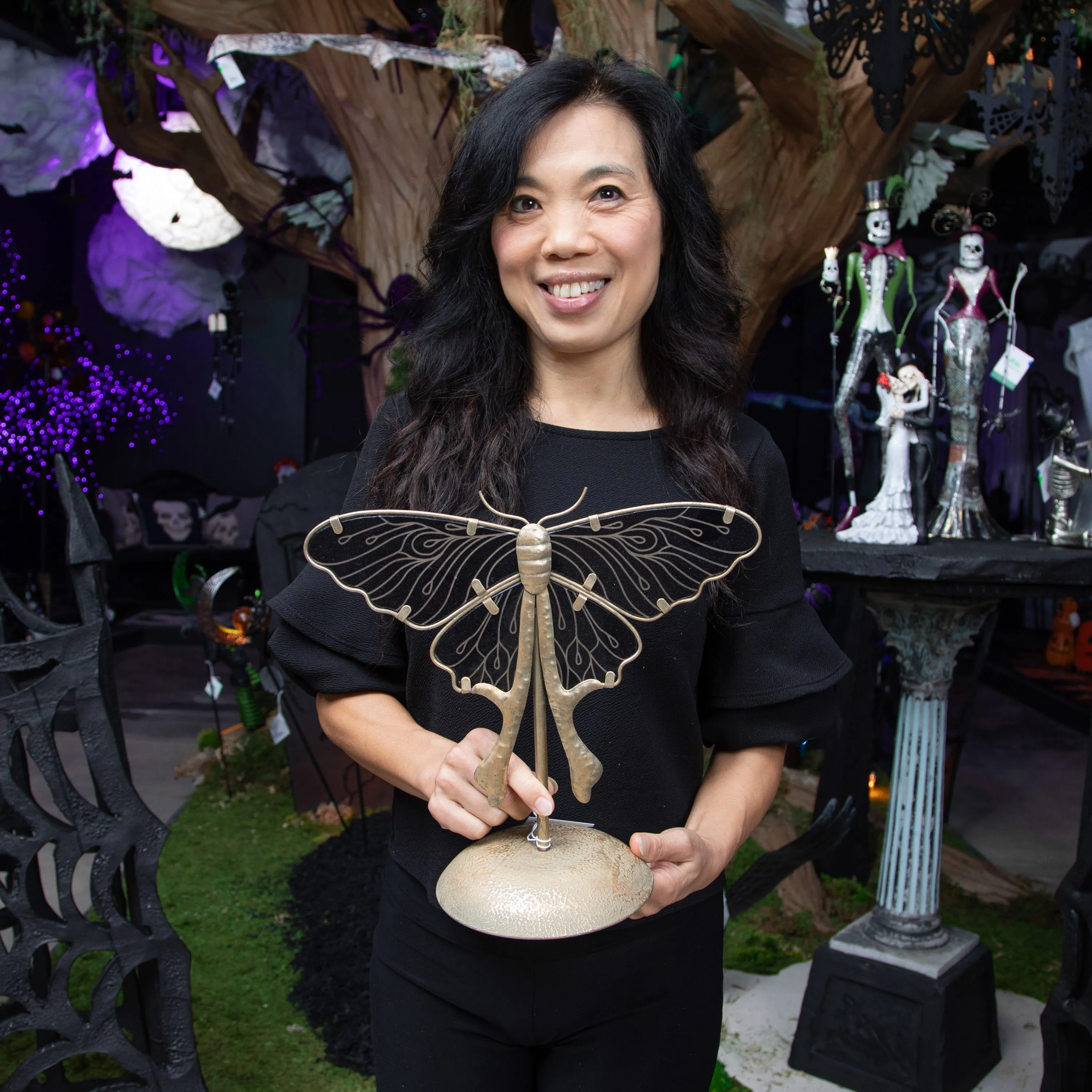 Evergreen Statuary,10" Glass Luna Moth Statue, Black,12x6x10.5 Inches