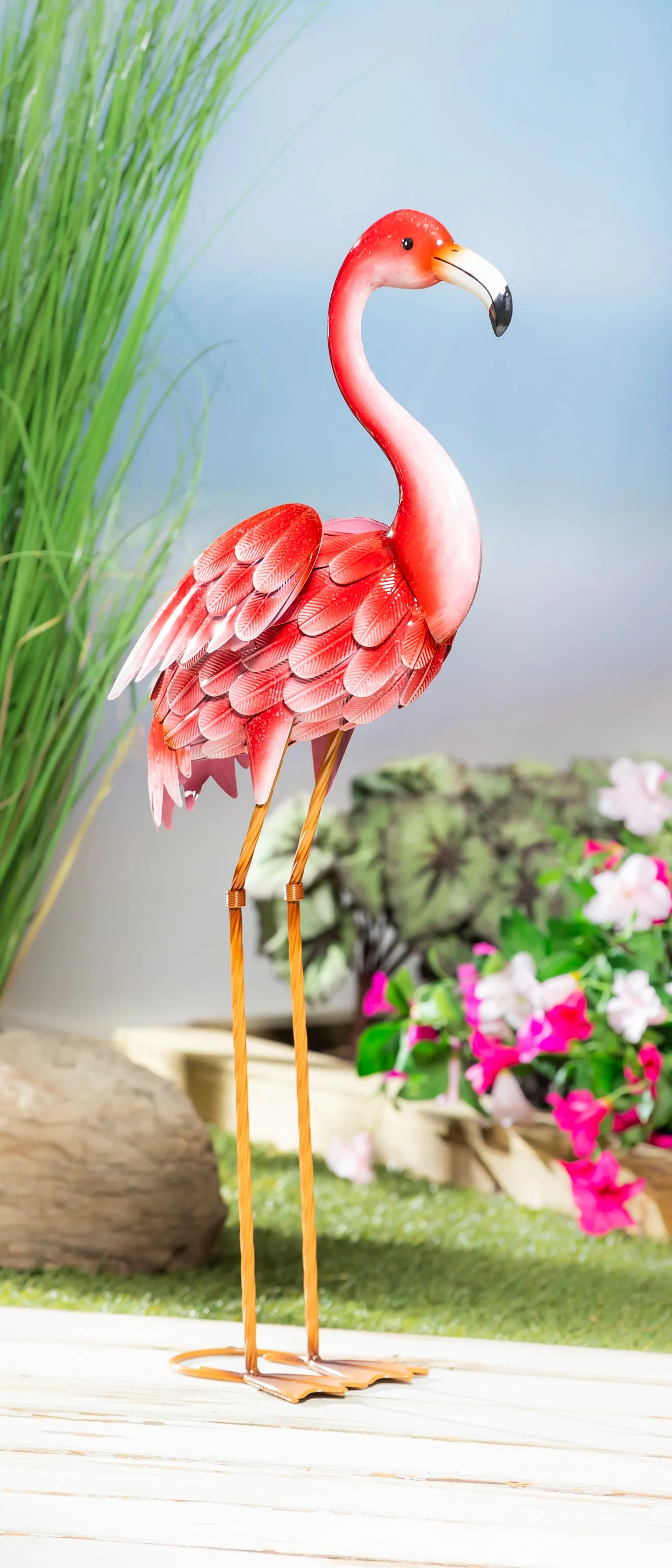 Evergreen Statuary,Metal Pink Flamingo Statuary,11.41x38.43x6.49 Inches
