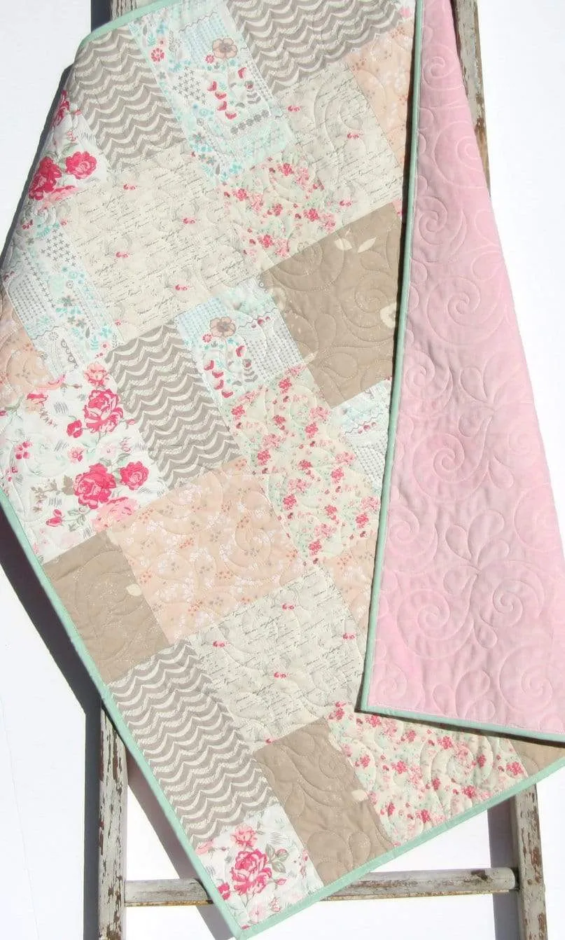 Farmhouse Baby Quilt, Floral Minky Blanket, Flower Crib Bedding, Vintage Chic Roses