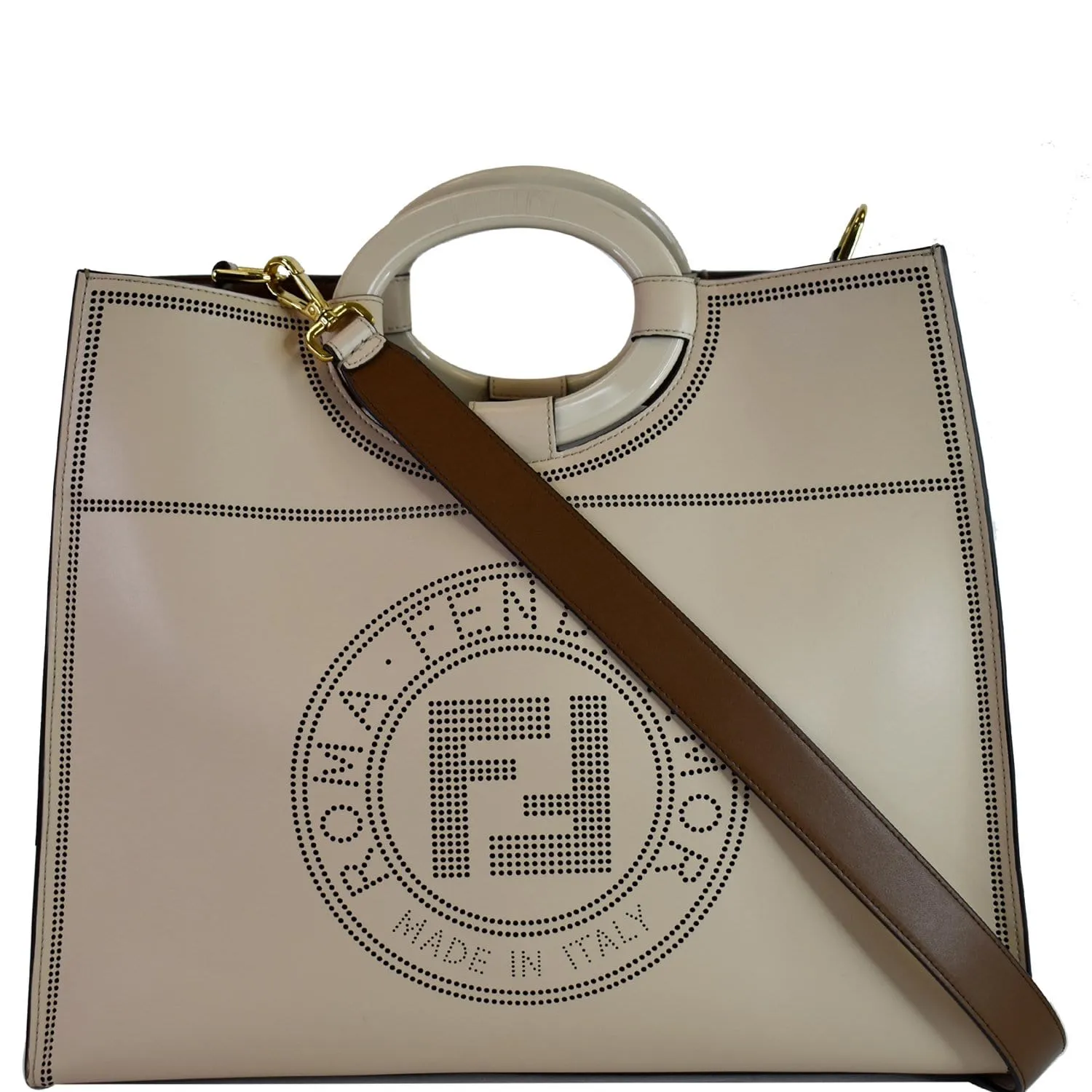 FENDI Runaway Large Perforated Leather Shopper Tote Bag Beige