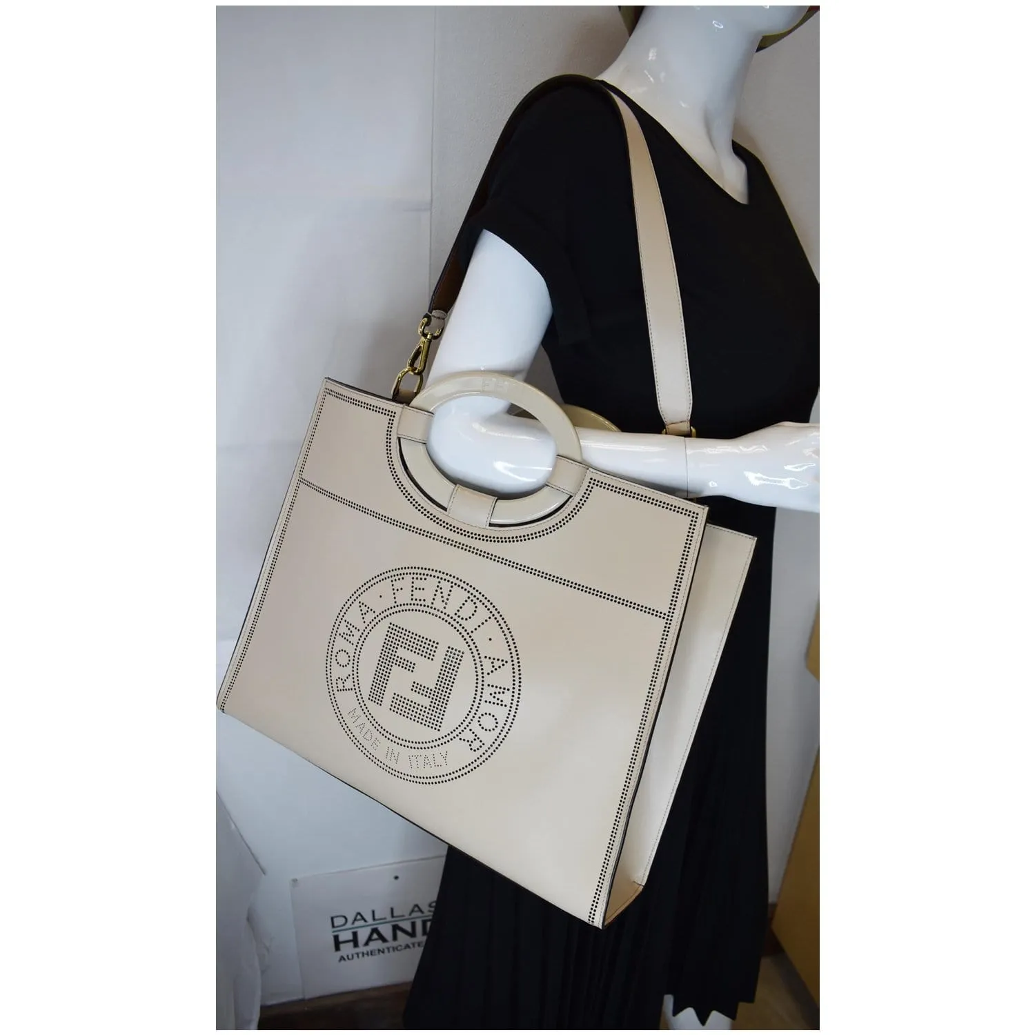 FENDI Runaway Large Perforated Leather Shopper Tote Bag Beige