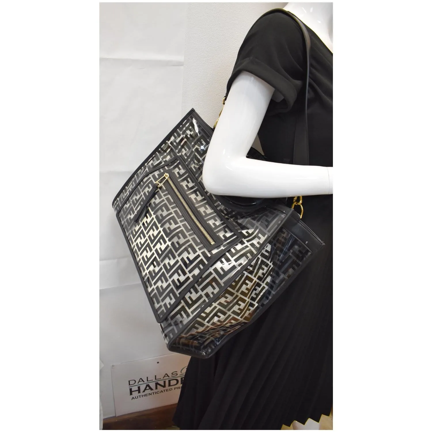FENDI Runaway Shopper Medium TPU FF Leather Tote Bag Black