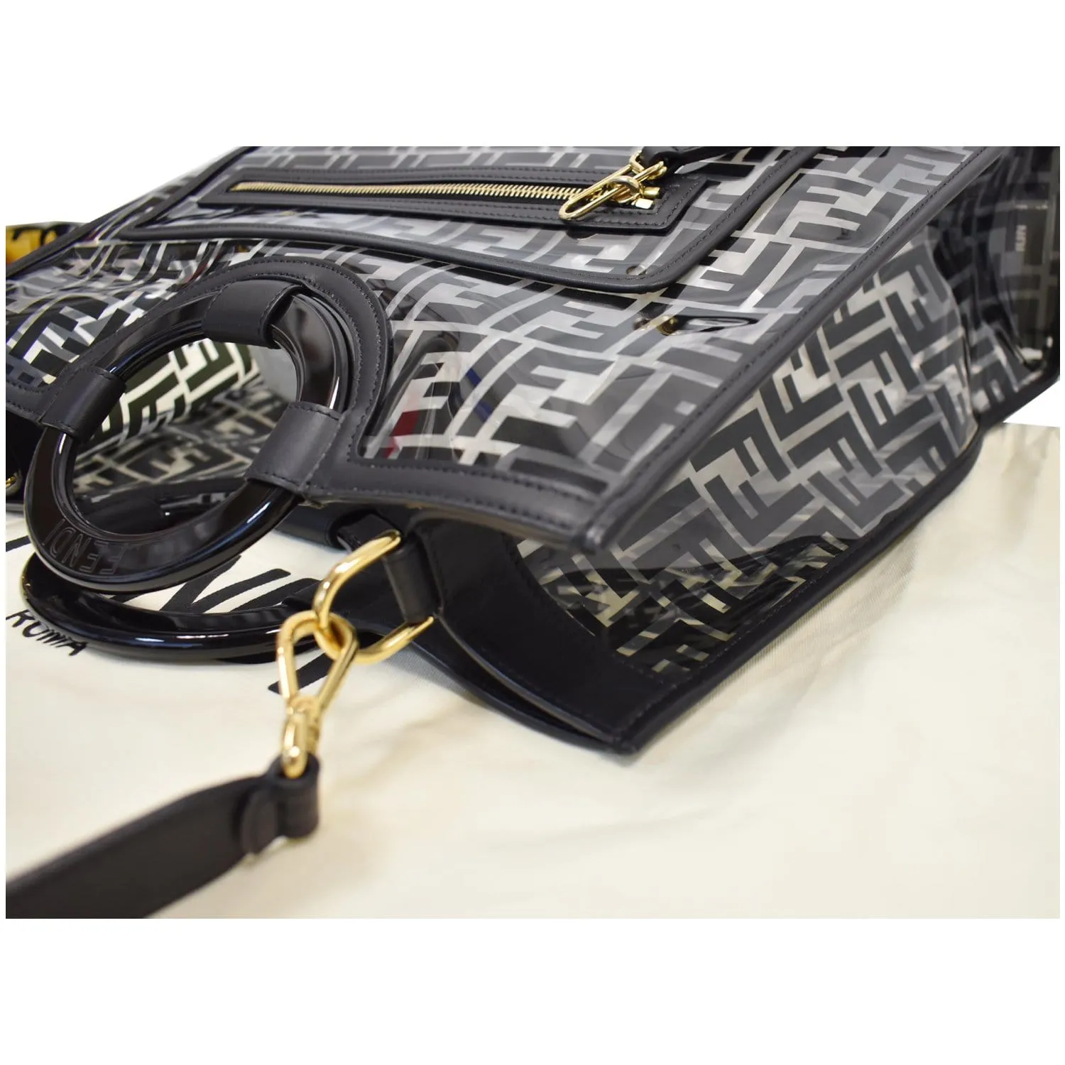 FENDI Runaway Shopper Medium TPU FF Leather Tote Bag Black