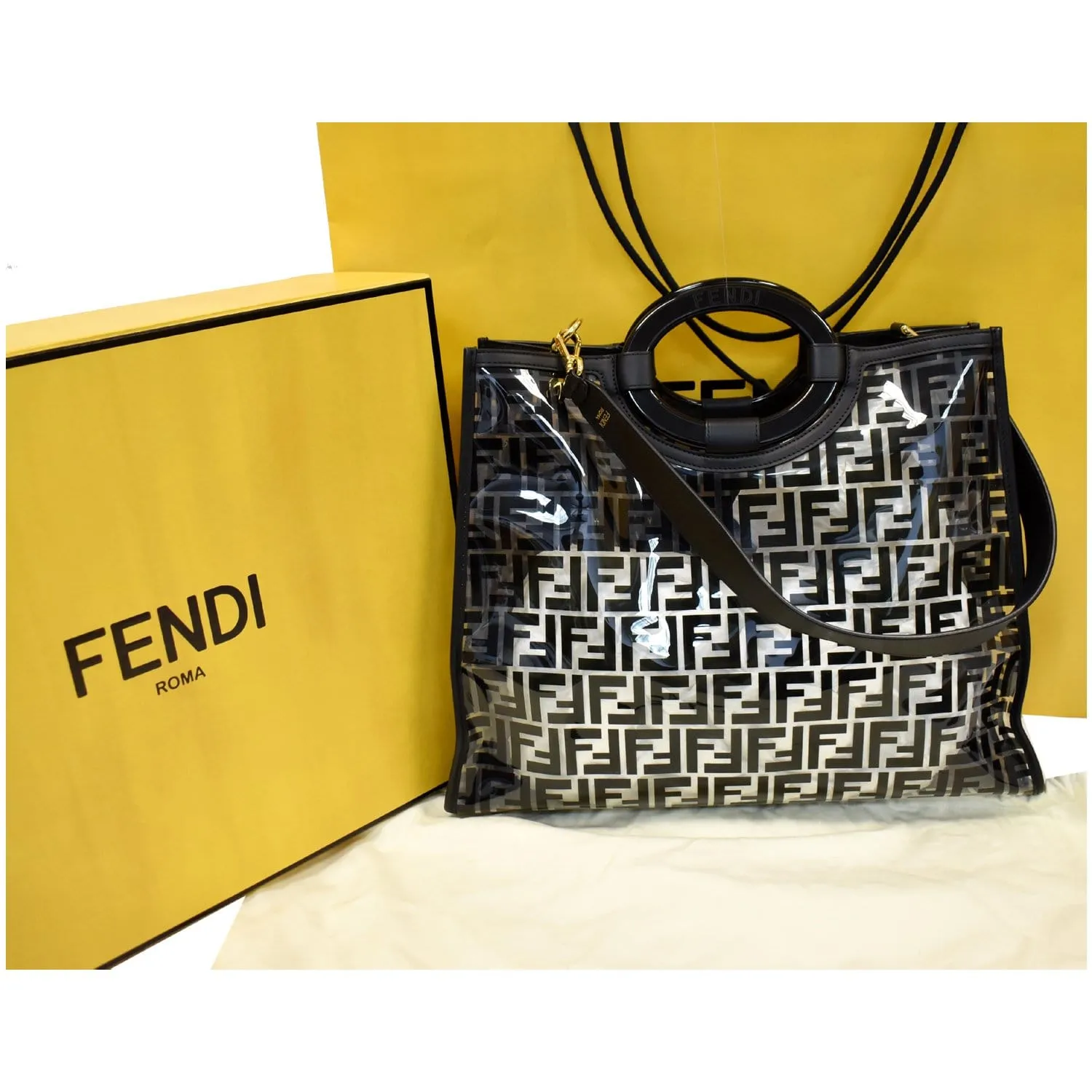 FENDI Runaway Shopper Medium TPU FF Leather Tote Bag Black