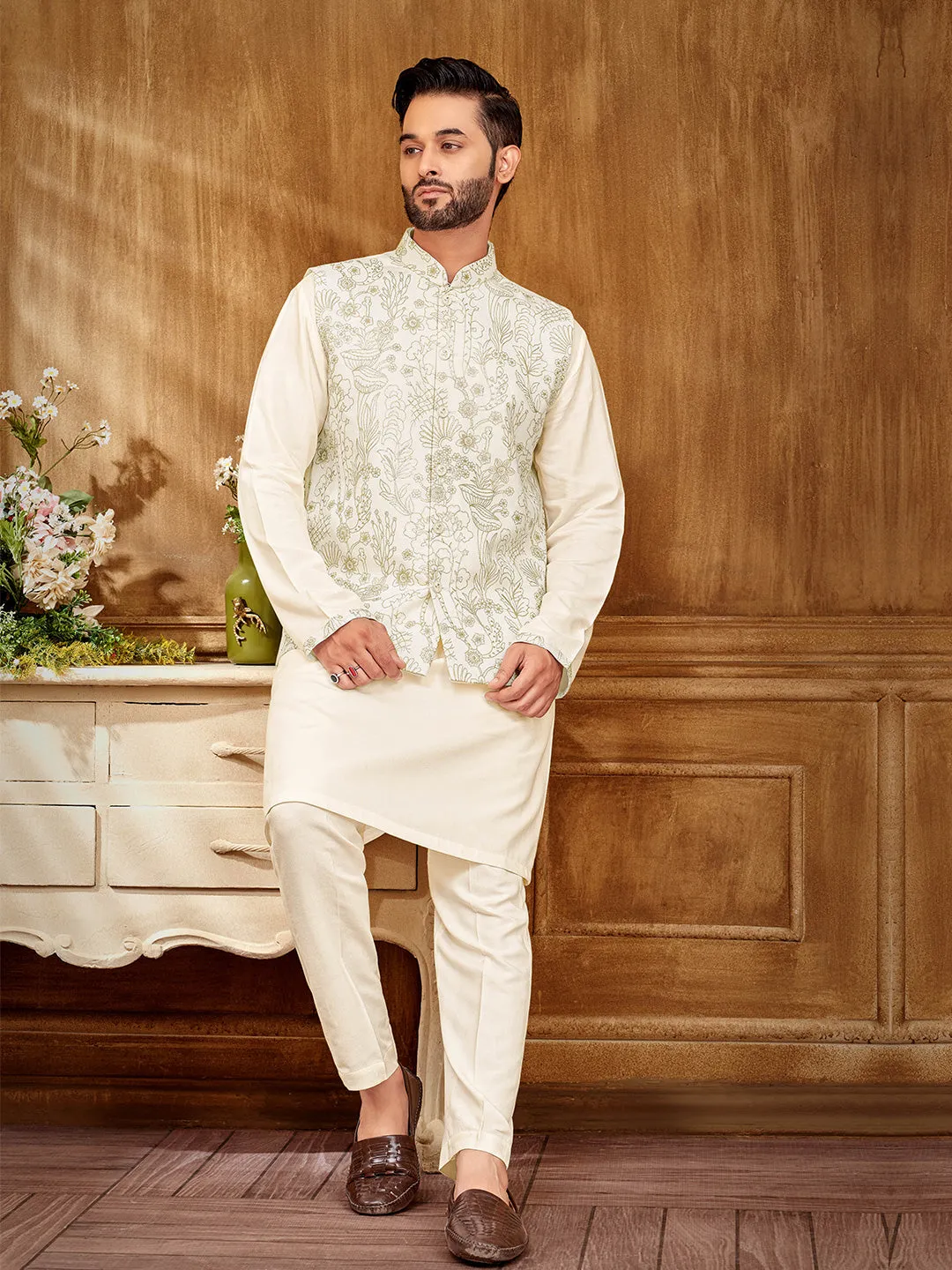 Festive Attire  Cream Kurta Set with Luxurious Gold Embroidery