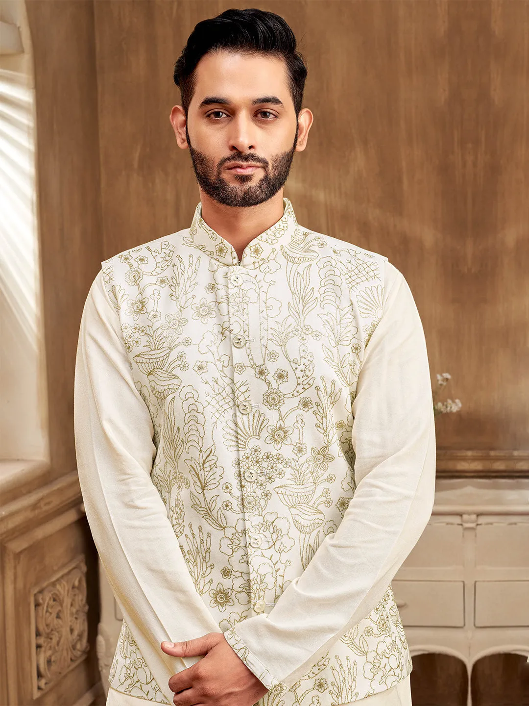 Festive Attire  Cream Kurta Set with Luxurious Gold Embroidery
