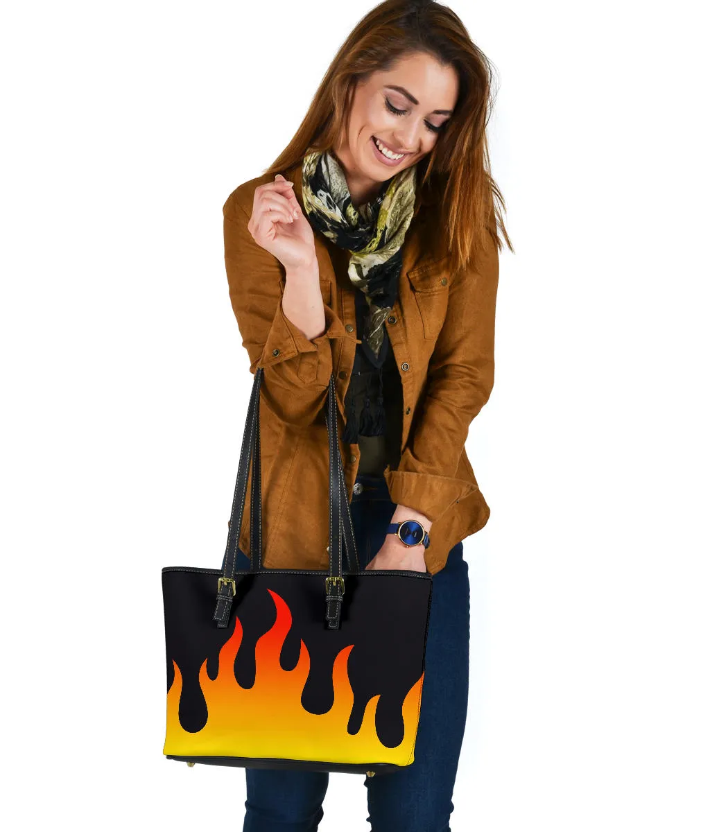 Flames on Black Vegan Leather Tote Bag