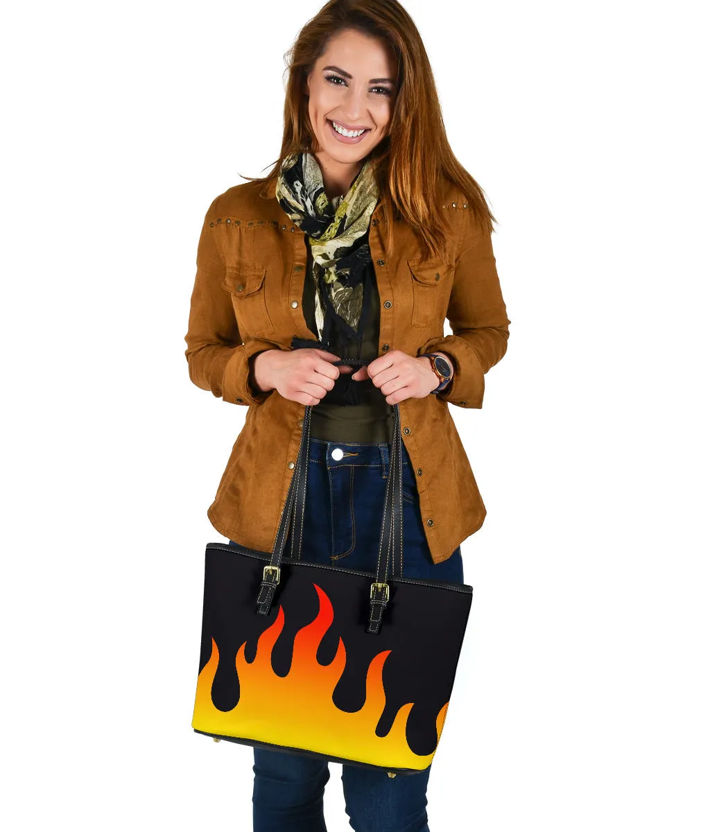 Flames on Black Vegan Leather Tote Bag