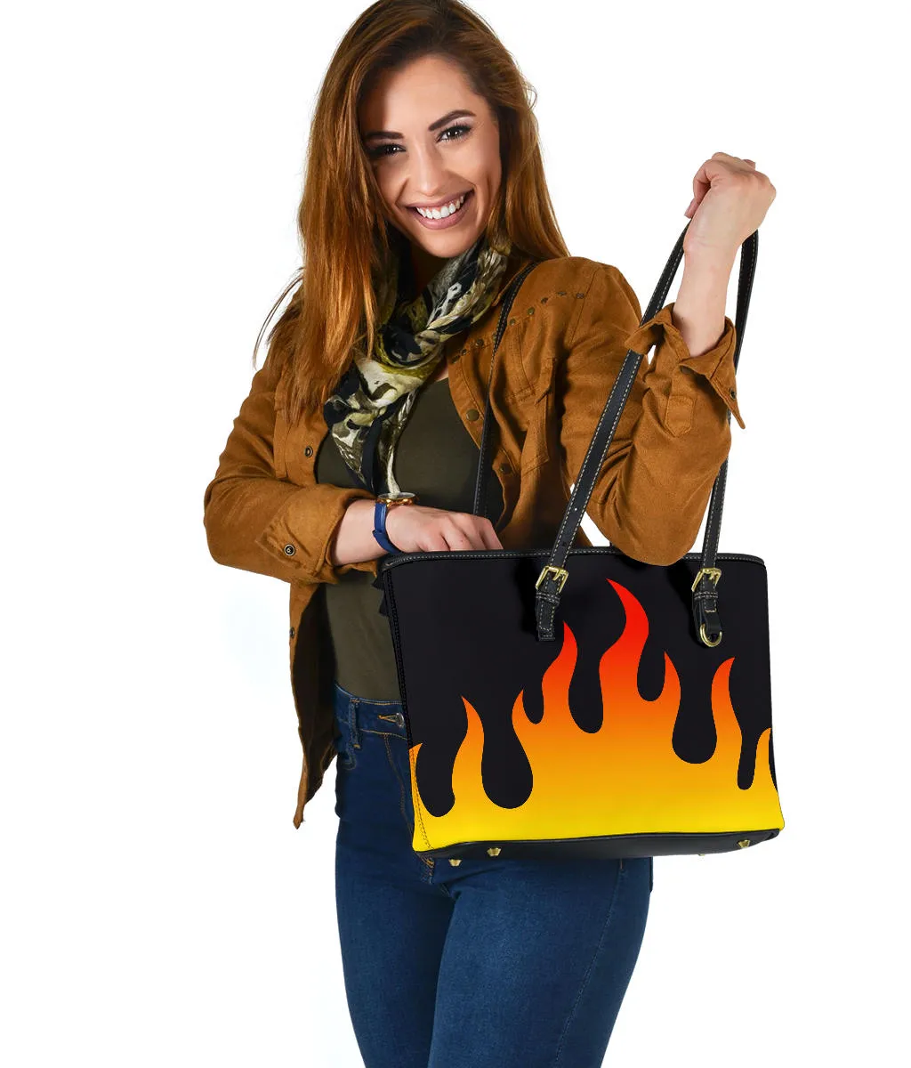 Flames on Black Vegan Leather Tote Bag