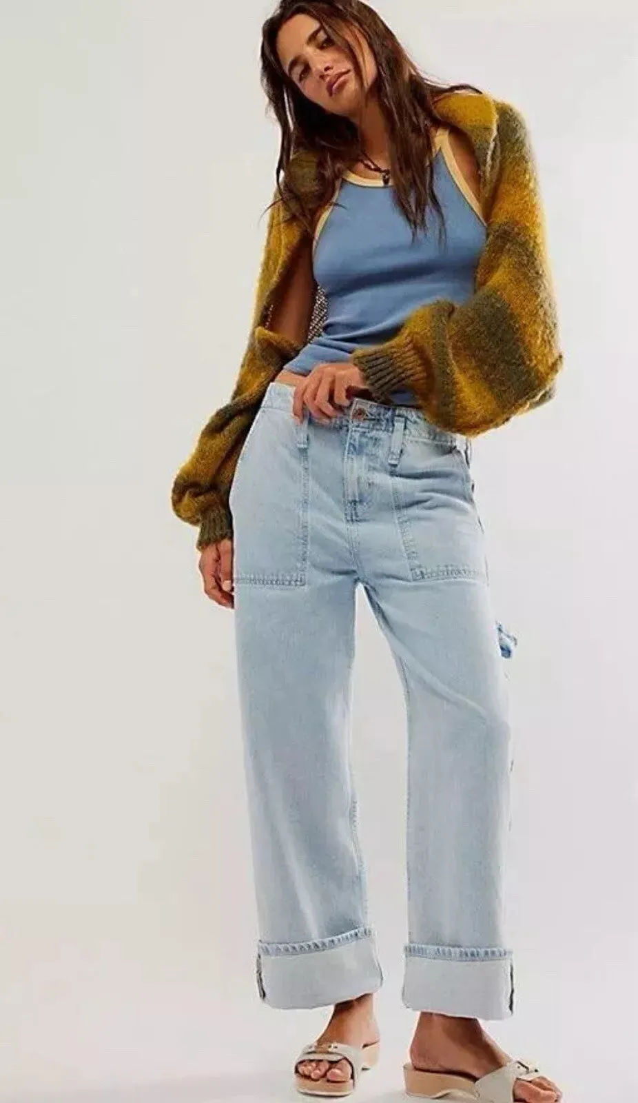 Free People Blue Major Leagues Mid-rise Cuffed Jeans W28