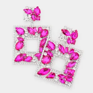 Fuchsia Multi Crystal Stone Square Chandelier Pageant Earrings | Prom Earrings | 537267