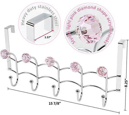 Galashield Over The Door Hook Rack 5 Pink Acrylic Hooks and Stainless Steel Organizer Rack (10 Hanging Hooks)