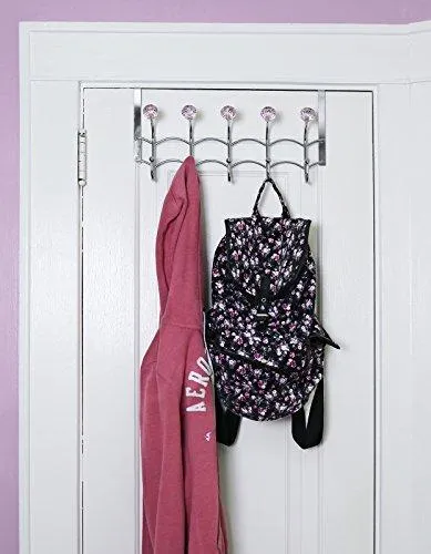 Galashield Over The Door Hook Rack 5 Pink Acrylic Hooks and Stainless Steel Organizer Rack (10 Hanging Hooks)