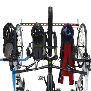 Garage bike rack for 3 bikes   3 sets of helmets, backpacks and coats