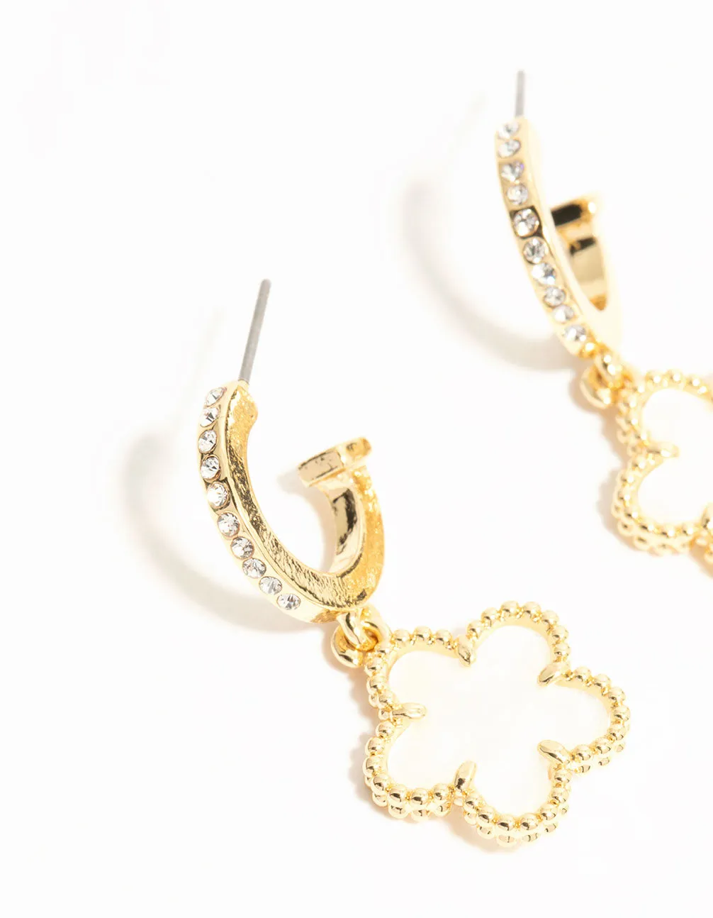 Gold Plated Flower Drop Diamante Hoop Earrings
