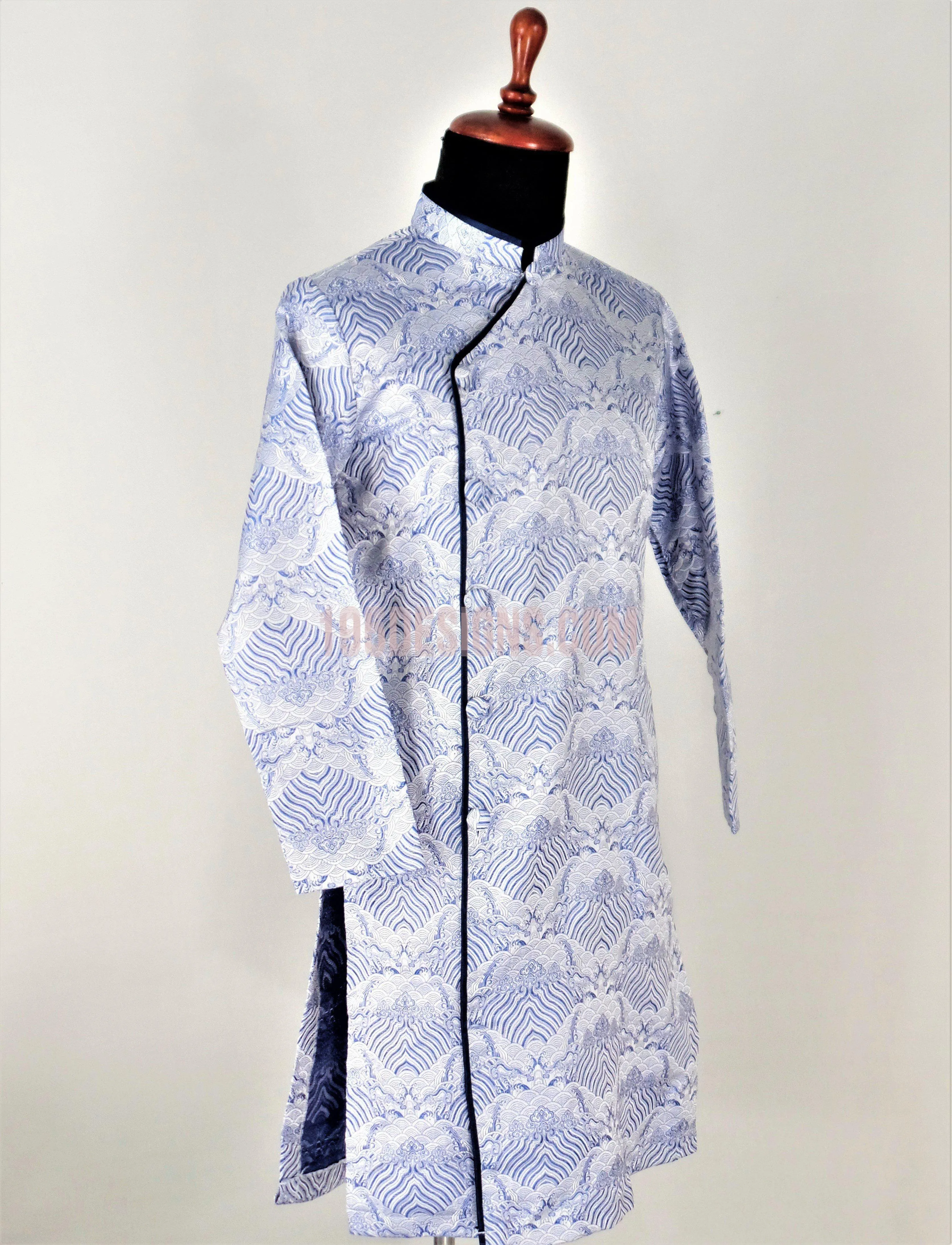 Gray Ao Dai Men -  Áo Dài Nam Gấm Xám Xanh