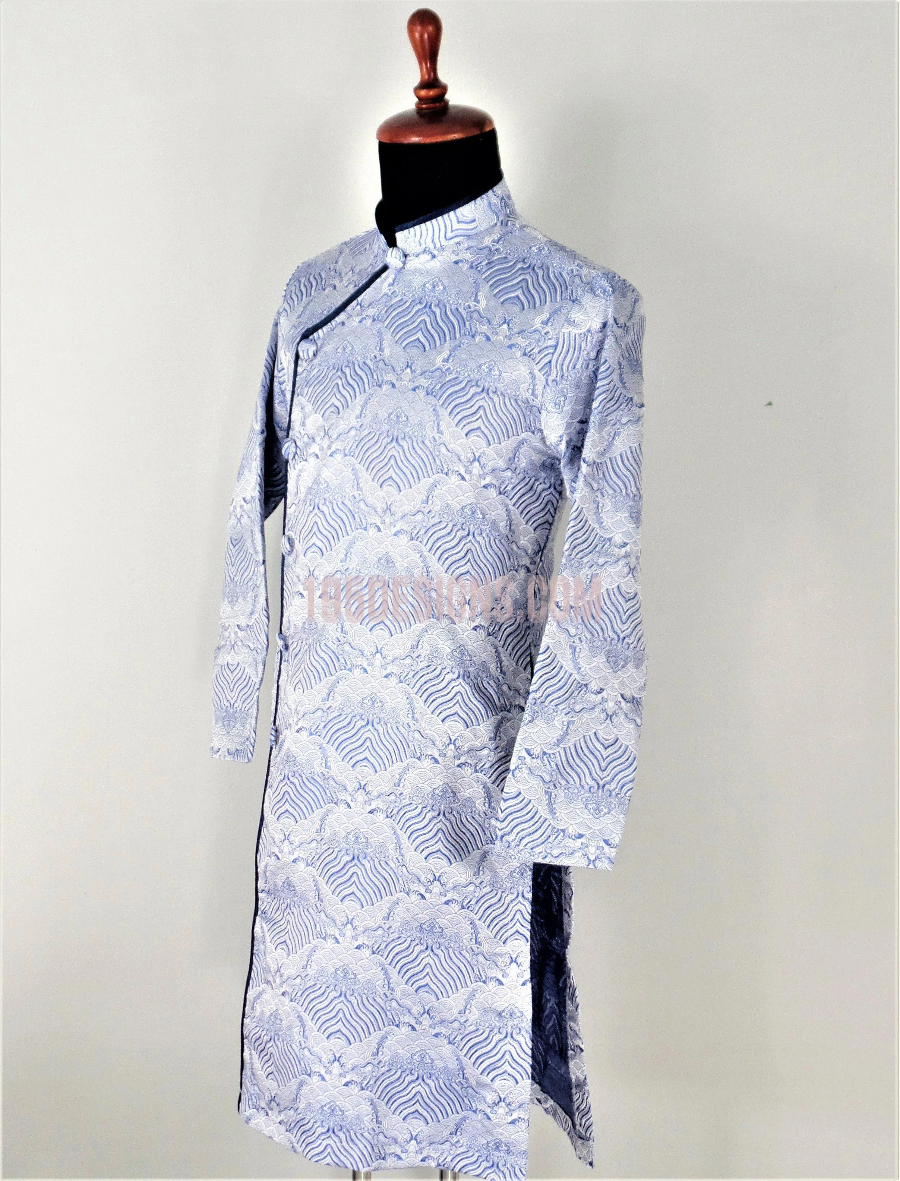 Gray Ao Dai Men -  Áo Dài Nam Gấm Xám Xanh
