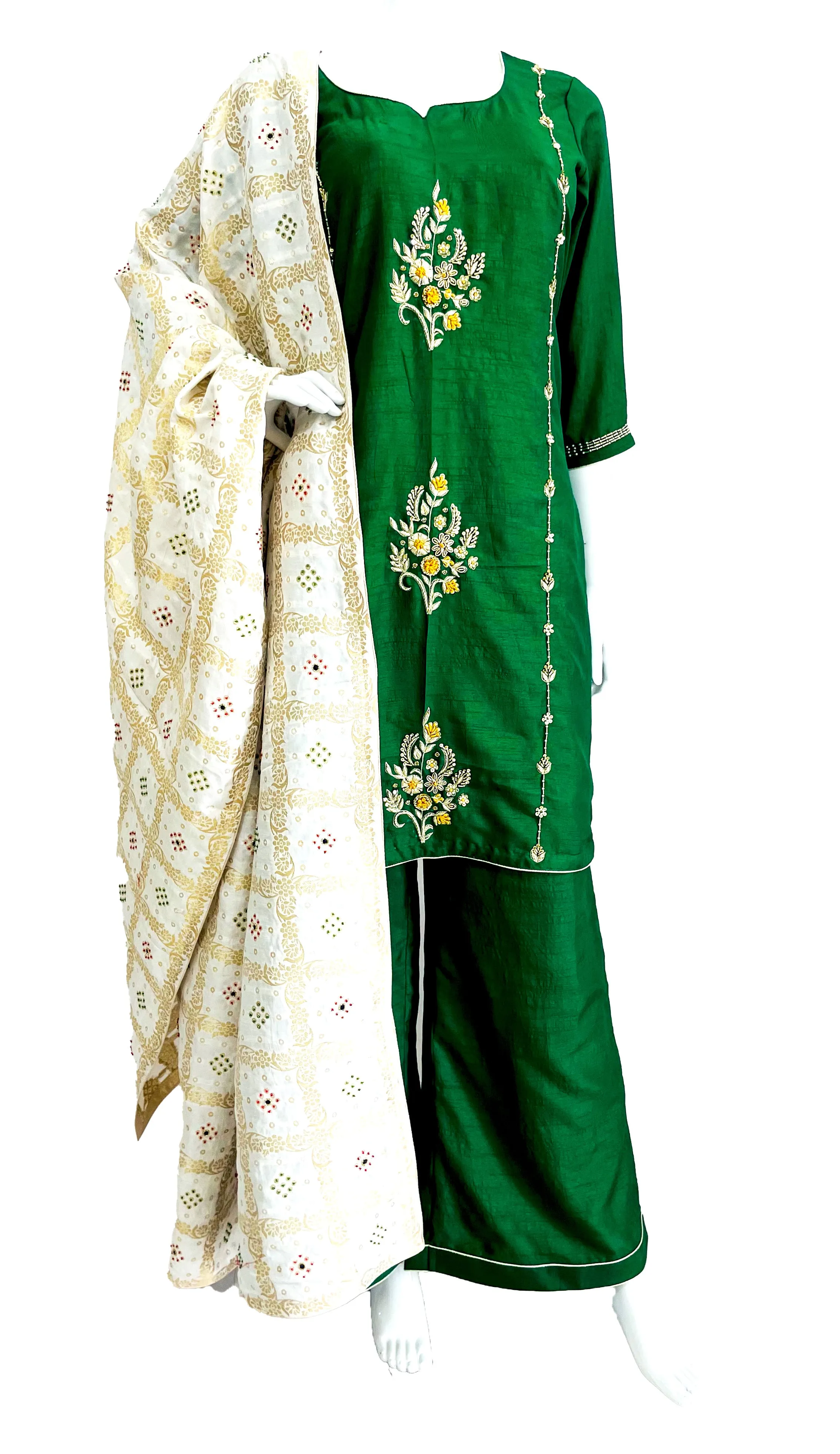 Green Hand Embroidered Palazzo Suit with Cut Dana Work