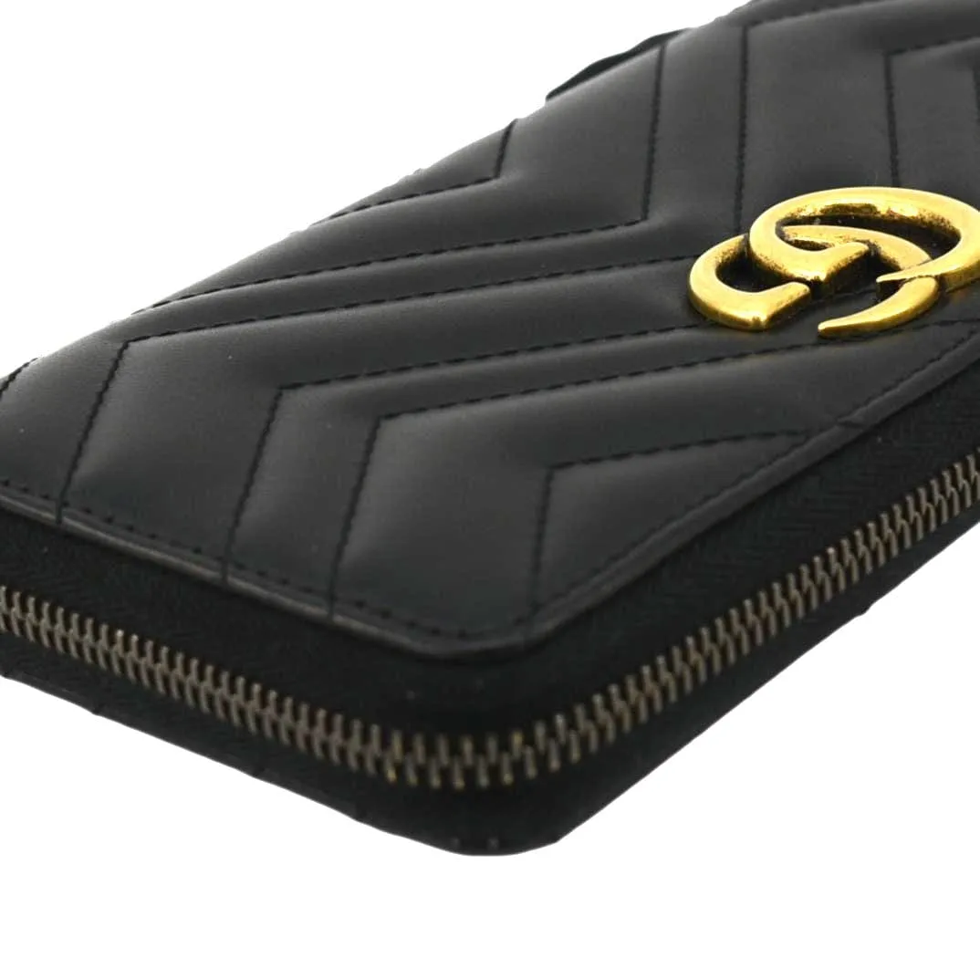 GUCCI GG Marmont Matelasse Chevron Leather Zip Around Wallet Black 443123