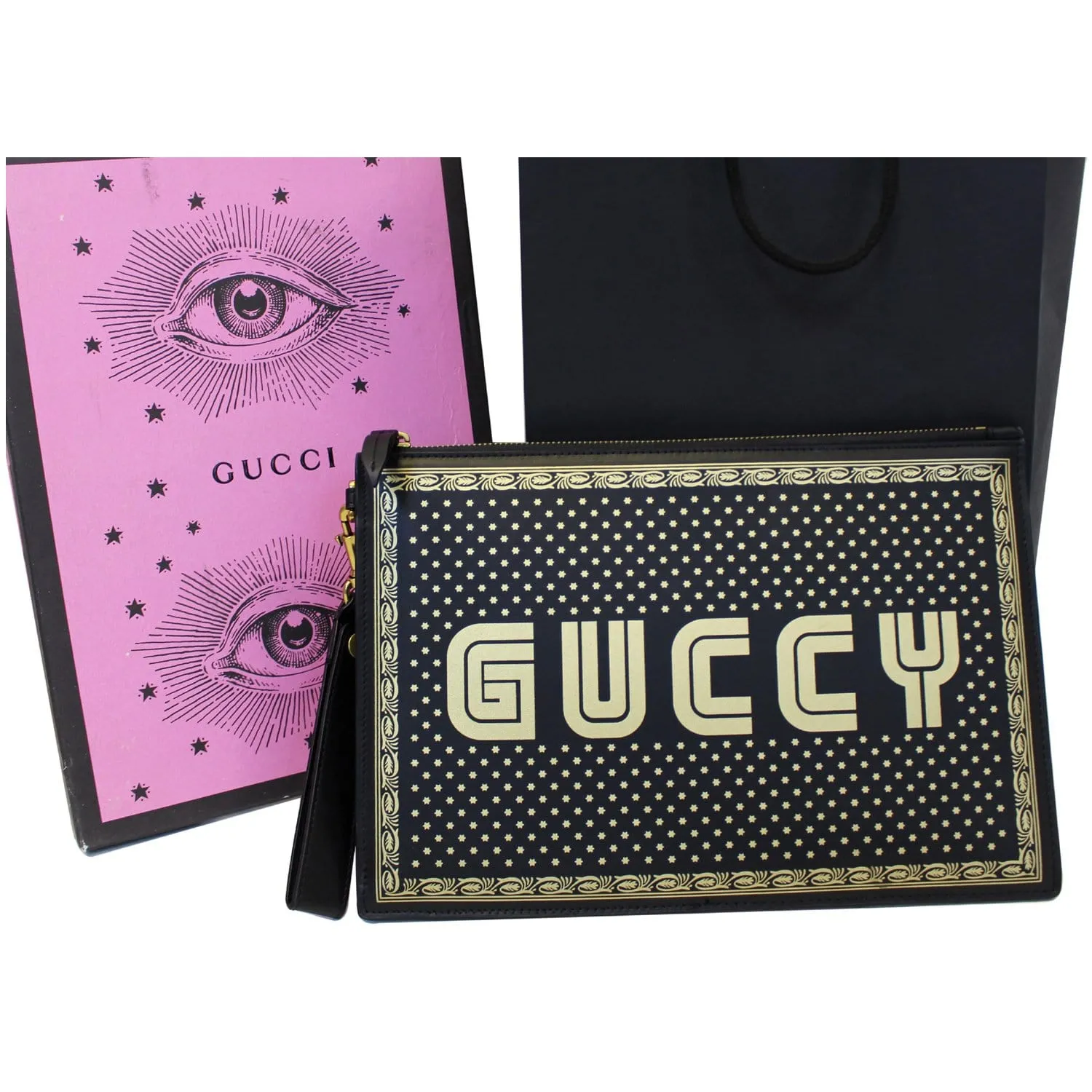 GUCCI GUCCY Star Print Leather Clutch Bag Black 510489 - Last Call