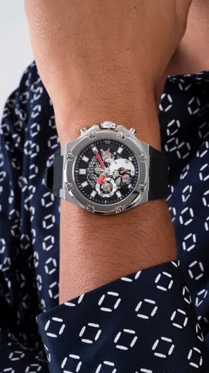 Guess Gents Third Gear Silver & Black Watch
