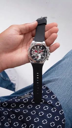 Guess Gents Third Gear Silver & Black Watch