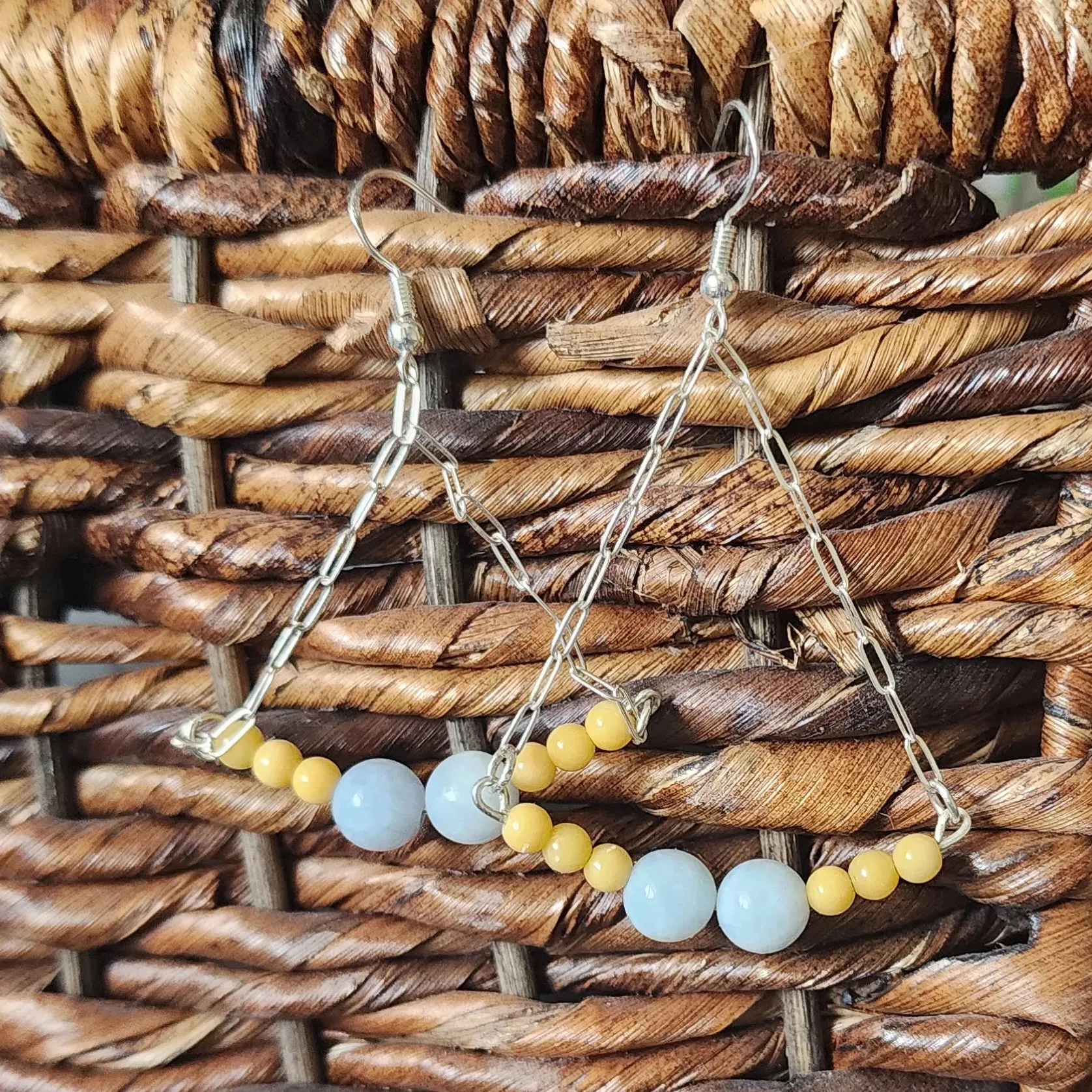 Handmade Sterling Silver Boho Earrings with Aquamarine & Yellow Jasper | Confidence & Tranquility Jewelry
