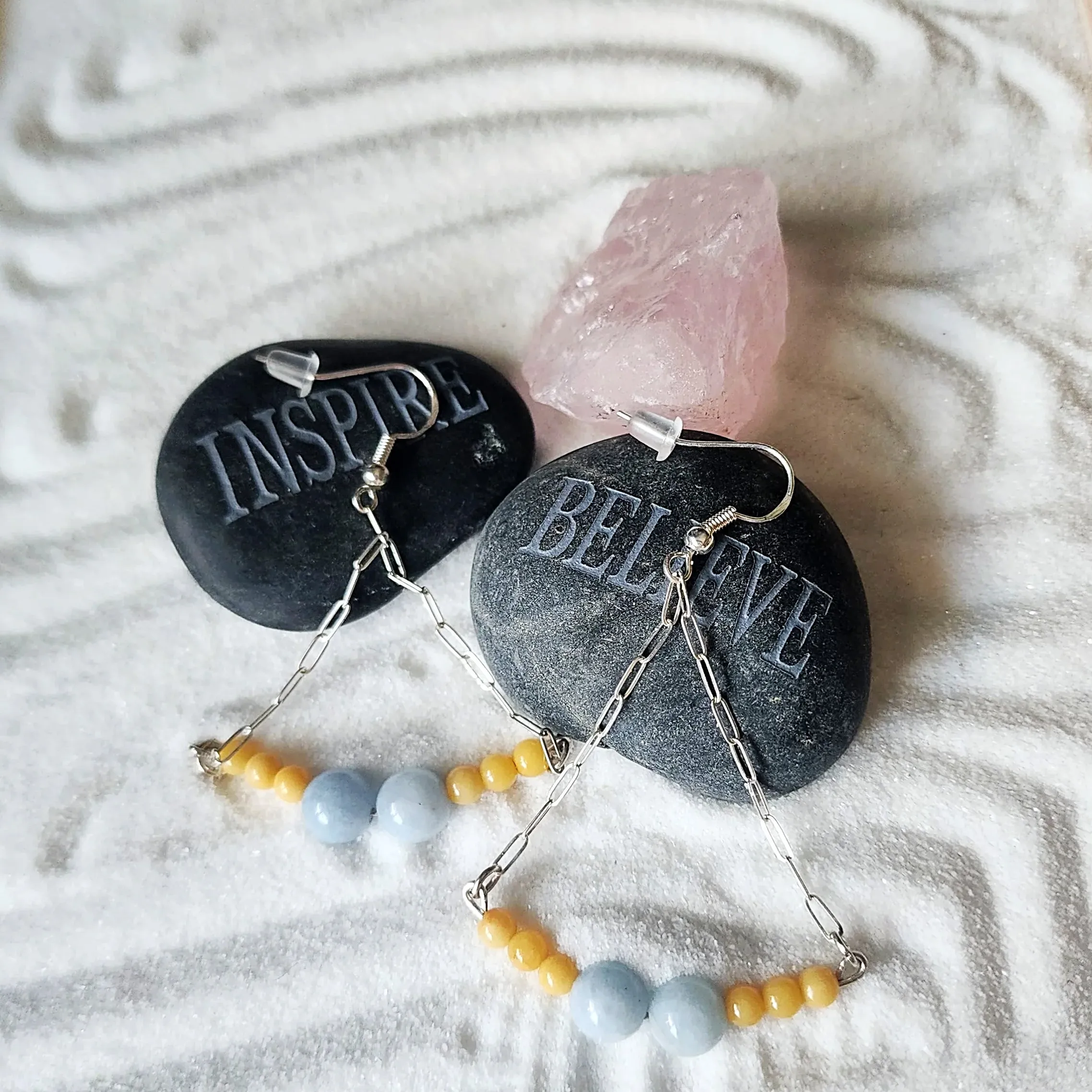 Handmade Sterling Silver Boho Earrings with Aquamarine & Yellow Jasper | Confidence & Tranquility Jewelry