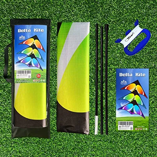 HONBO Large Delta Kite for Kids & Adults,Extremely Easy to Fly Kite for Beach Trip,String Line Included,with Colorful Tail,Perfect for Beginners (Blue)