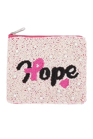 HOPE PINK RIBBON AWARENESS SEED BEADS COIN POUCH