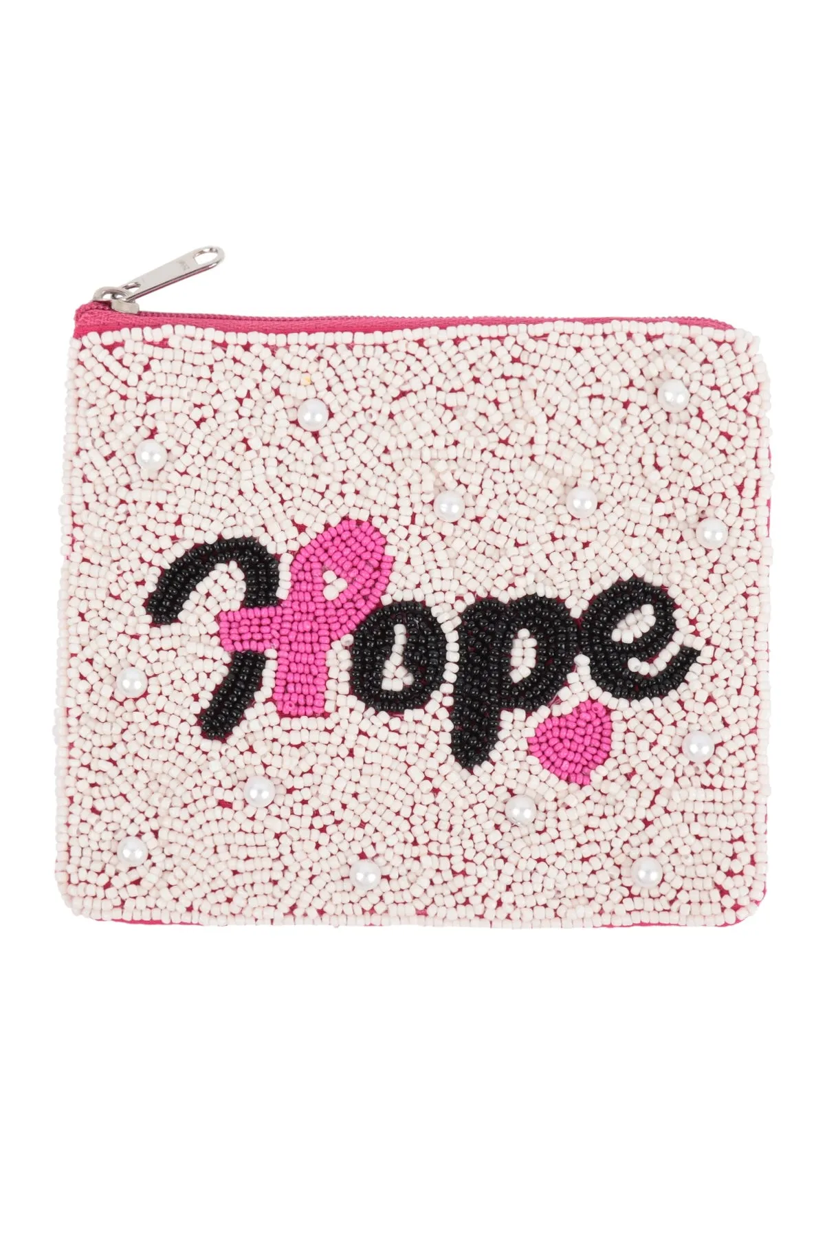 HOPE PINK RIBBON AWARENESS SEED BEADS COIN POUCH