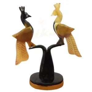 Horn Work Two Peacocks Sitting on a Tree Branch