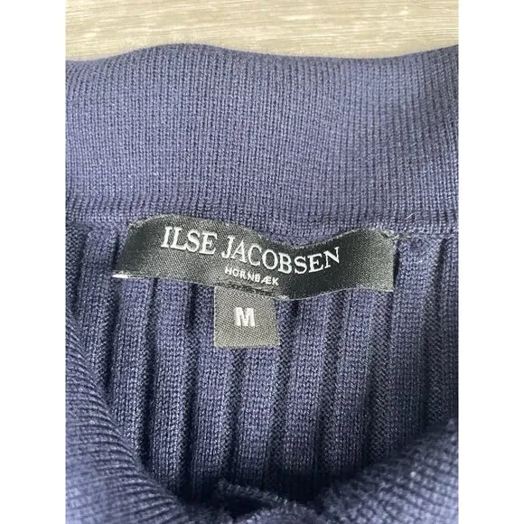 ILSE JACOBSEN Hornbaek Ribbed Sweater Shirt Top Size Medium Stretch Button Navy