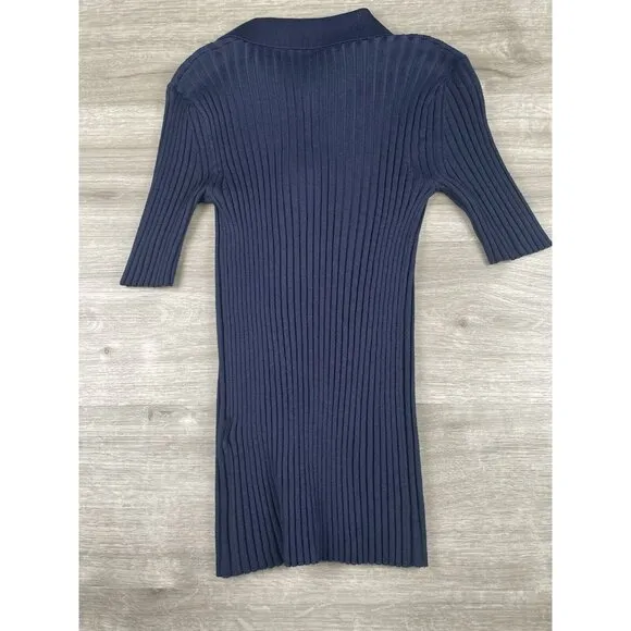 ILSE JACOBSEN Hornbaek Ribbed Sweater Shirt Top Size Medium Stretch Button Navy