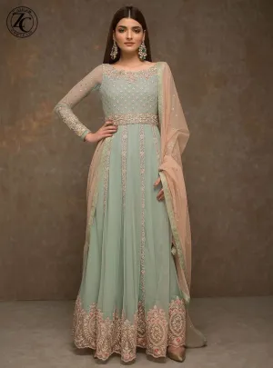 Indian Anarkali Frock In Turquoise And Baby Pink Color Model# B 1816