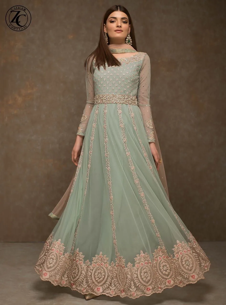 Indian Anarkali Frock In Turquoise And Baby Pink Color Model# B 1816