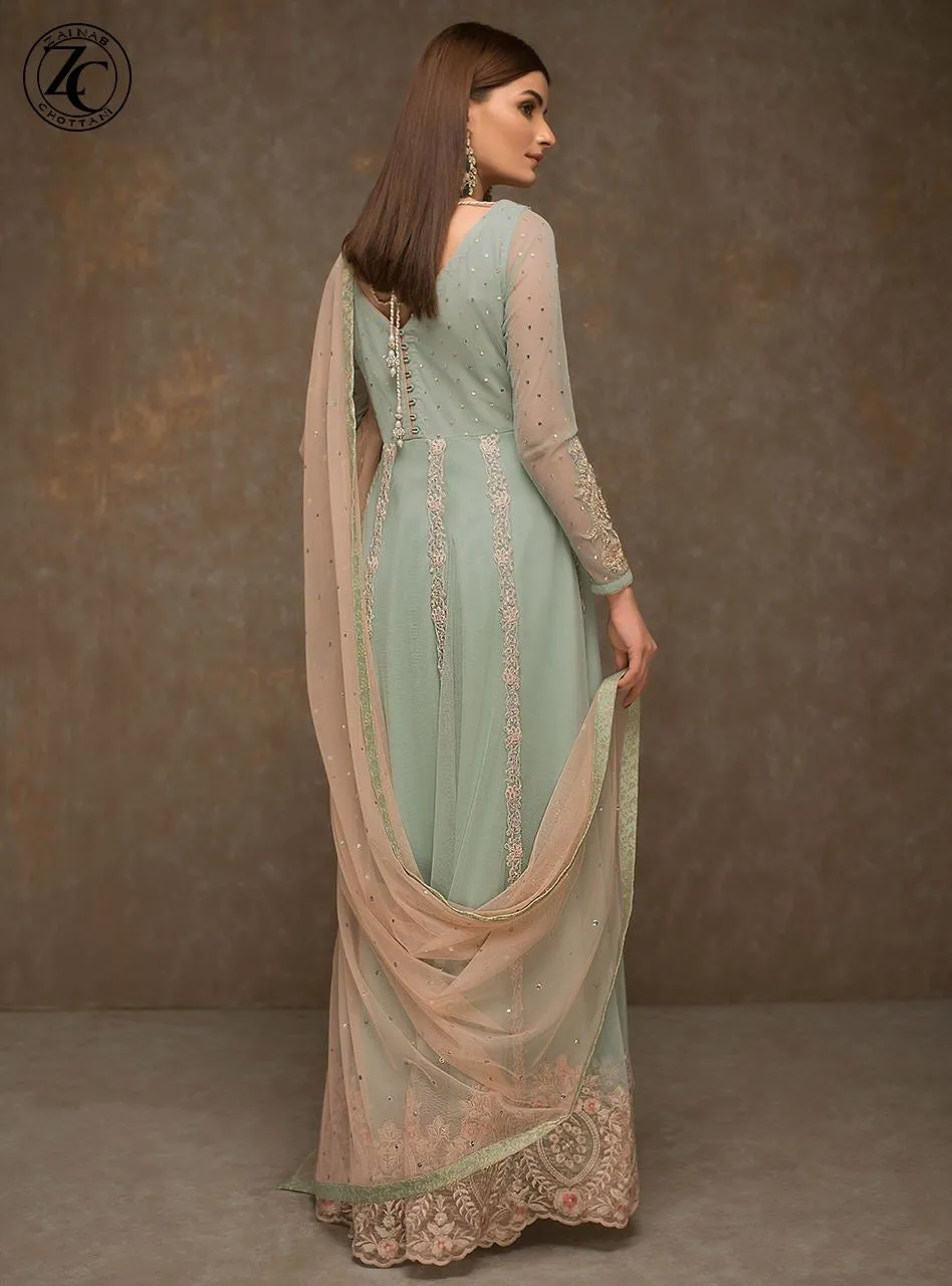 Indian Anarkali Frock In Turquoise And Baby Pink Color Model# B 1816
