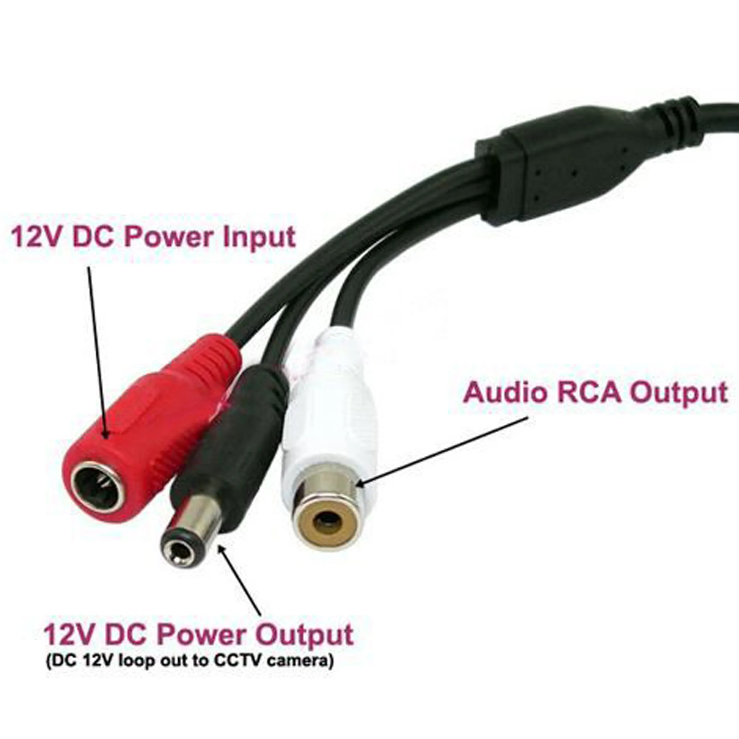 Indoor CCTV microphone Long Cable RCA Female Phono Audio Output 2.1mm DC socket
