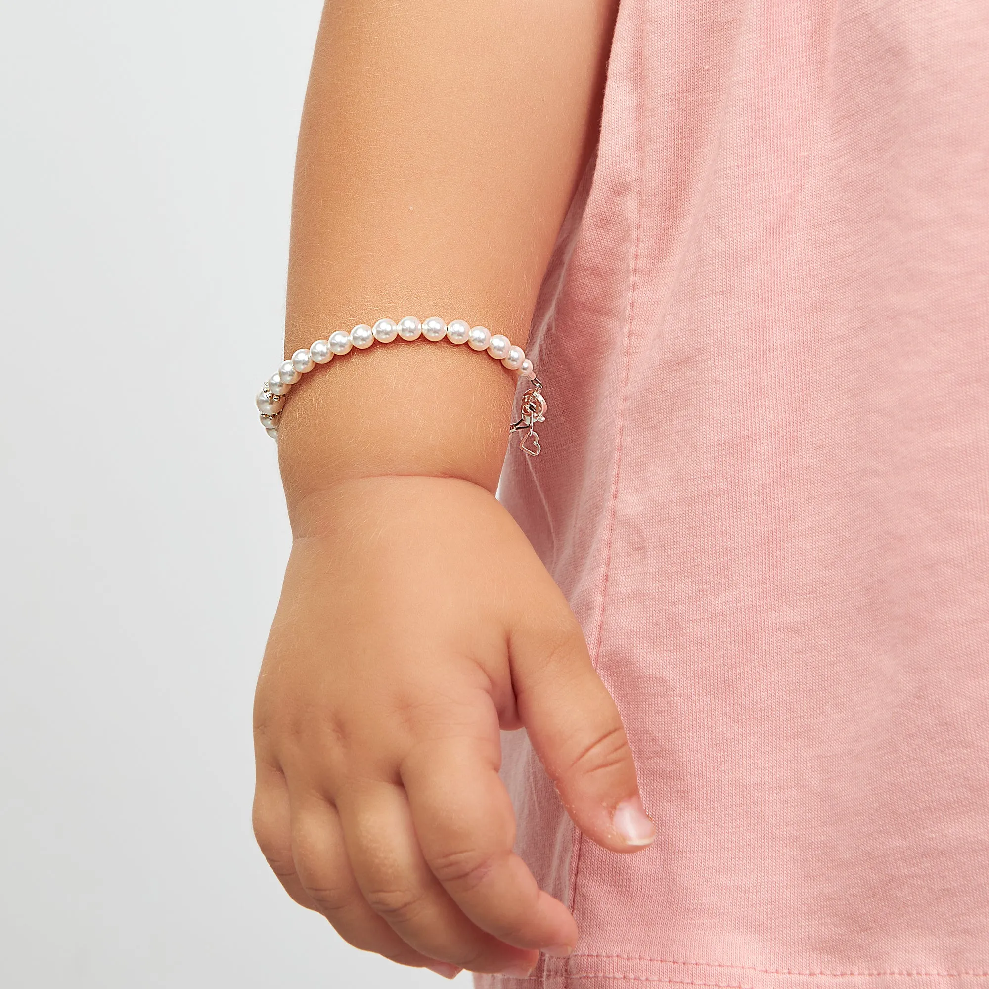 Infant Baby Girl Bracelet with White Pearl & Silver Daises