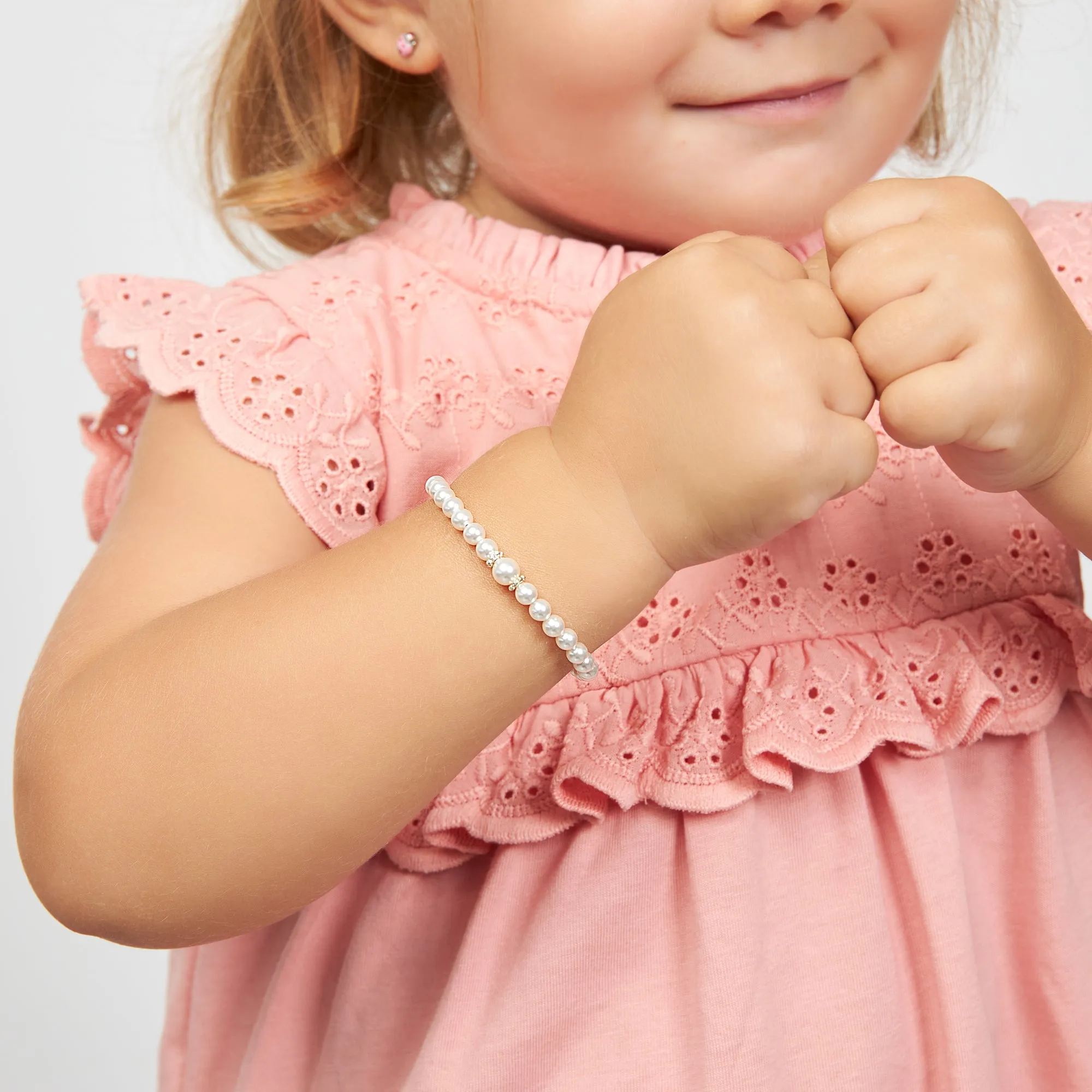 Infant Baby Girl Bracelet with White Pearl & Silver Daises