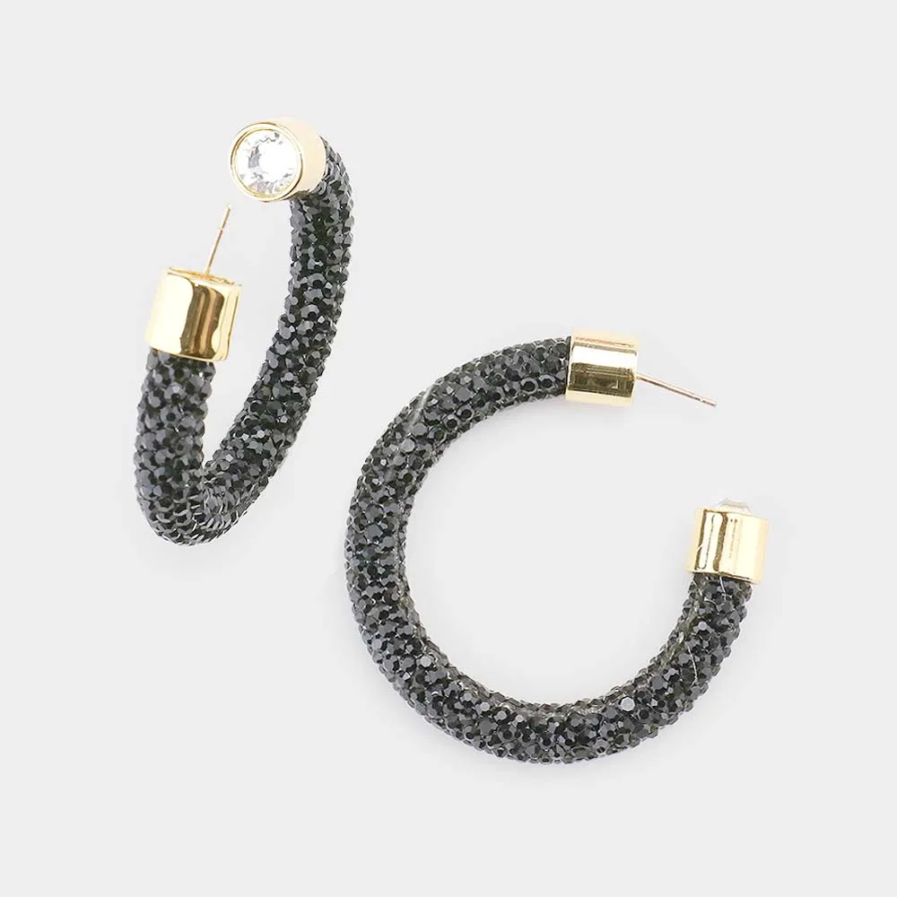 Jet Black Rhinestone Half Hoop Earring | 1.75" | 482485
