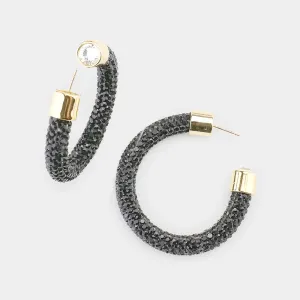 Jet Black Rhinestone Half Hoop Earring | 1.75" | 482485