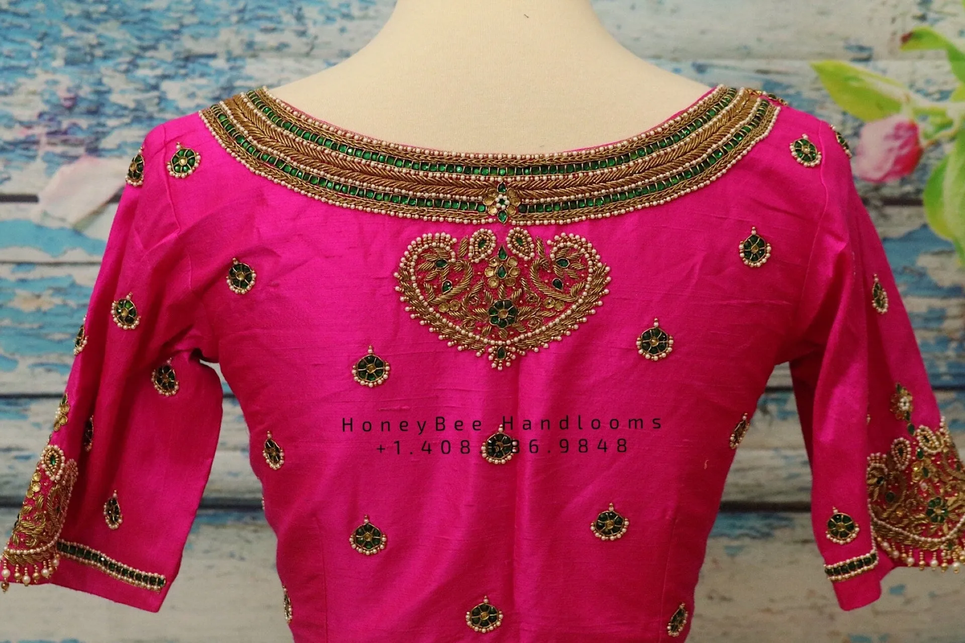 Jewelry work designer blouse - Pattu Saree Blouse -Maggam work blouse - Kundan work blouse - Saree Blouse - Pink Saree Blouse - Pink Blouse