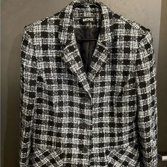 Kasper Black, Blue and White Plaid Tweed Blazer- 12