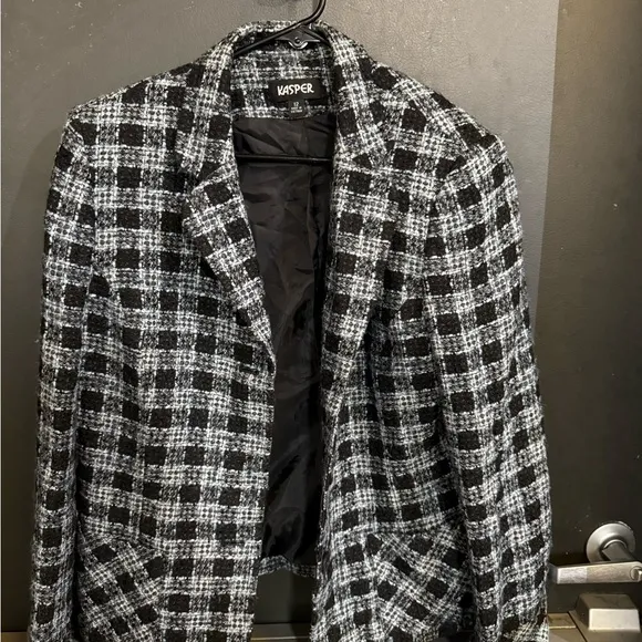 Kasper Black, Blue and White Plaid Tweed Blazer- 12